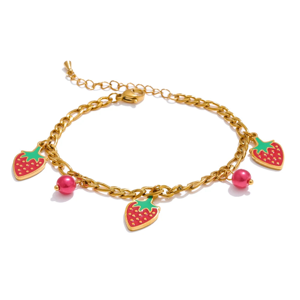 Yhpup Sweet Cute Trendy Beads Fruit Strawberry Drop Necklace Bracelet for Women Golden PVD Plated Chain Stainless Steel Jewelry