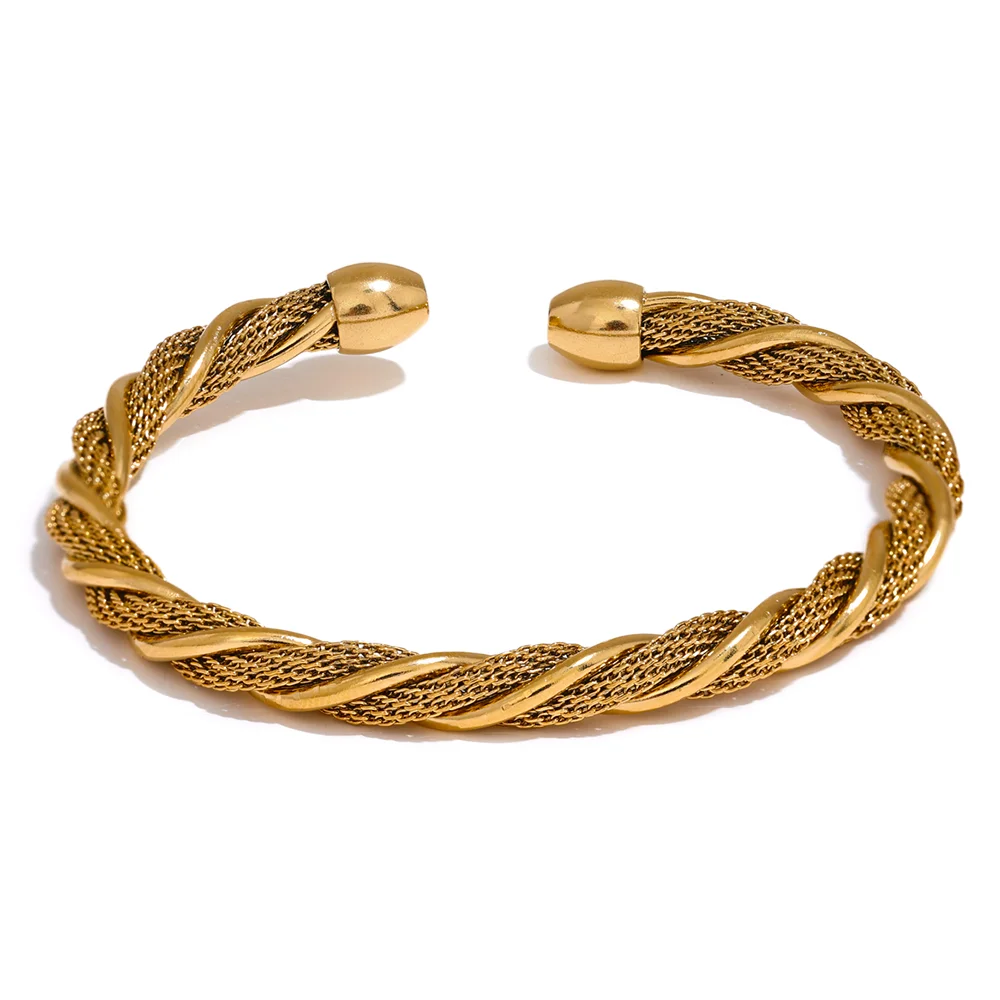 Yhpup Waterproof Stainless Steel Twisted Round Cuff Open Bracelet Bangle for Women Texture Metal Statement Jewelry Gift