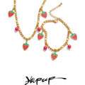 Yhpup Sweet Cute Trendy Beads Fruit Strawberry Drop Necklace Bracelet for Women Golden PVD Plated Chain Stainless Steel Jewelry
