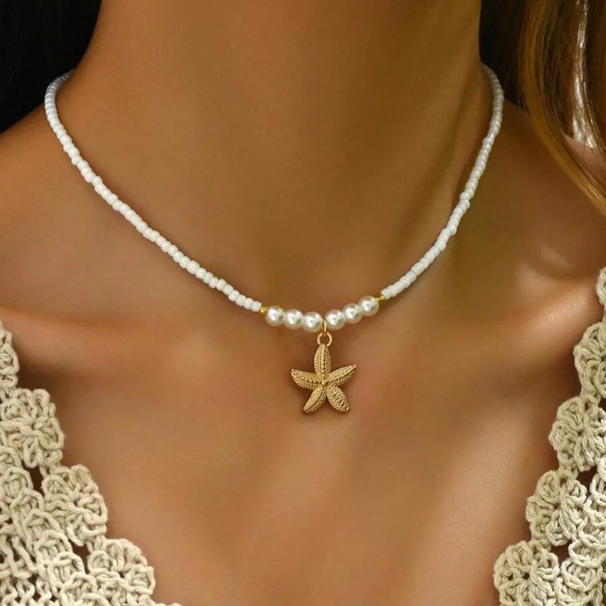 Bohemian Rice Beads Starfish Pendant Necklace for Women Handmade Imitation Pearl Colorful Beaded Choker Summer Beach Jewelry