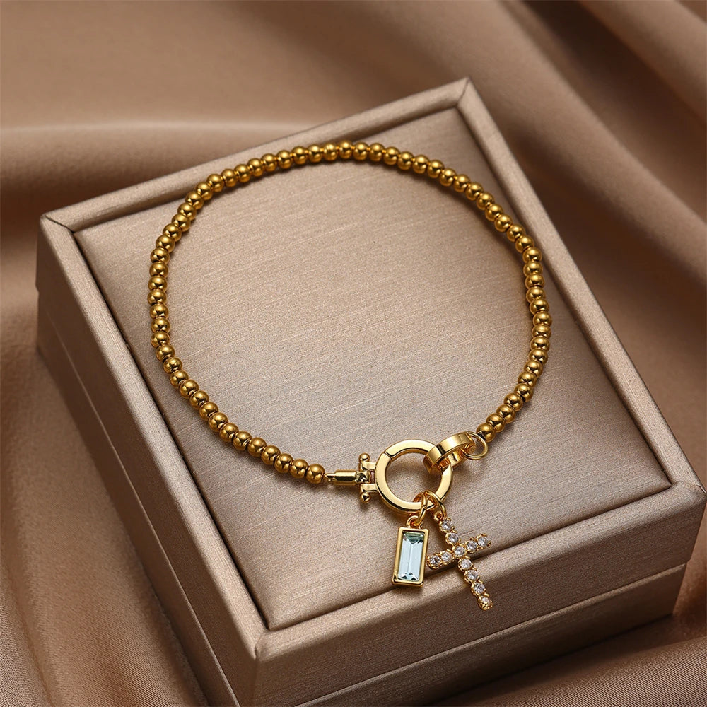 Vintage Christian Jewelry Cross Birthstone Charm Bracelet 18K Gold Plated Beaded Chain Stretch Bracelets for Women Mother Gift
