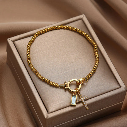 Vintage Christian Jewelry Cross Birthstone Charm Bracelet 18K Gold Plated Beaded Chain Stretch Bracelets for Women Mother Gift