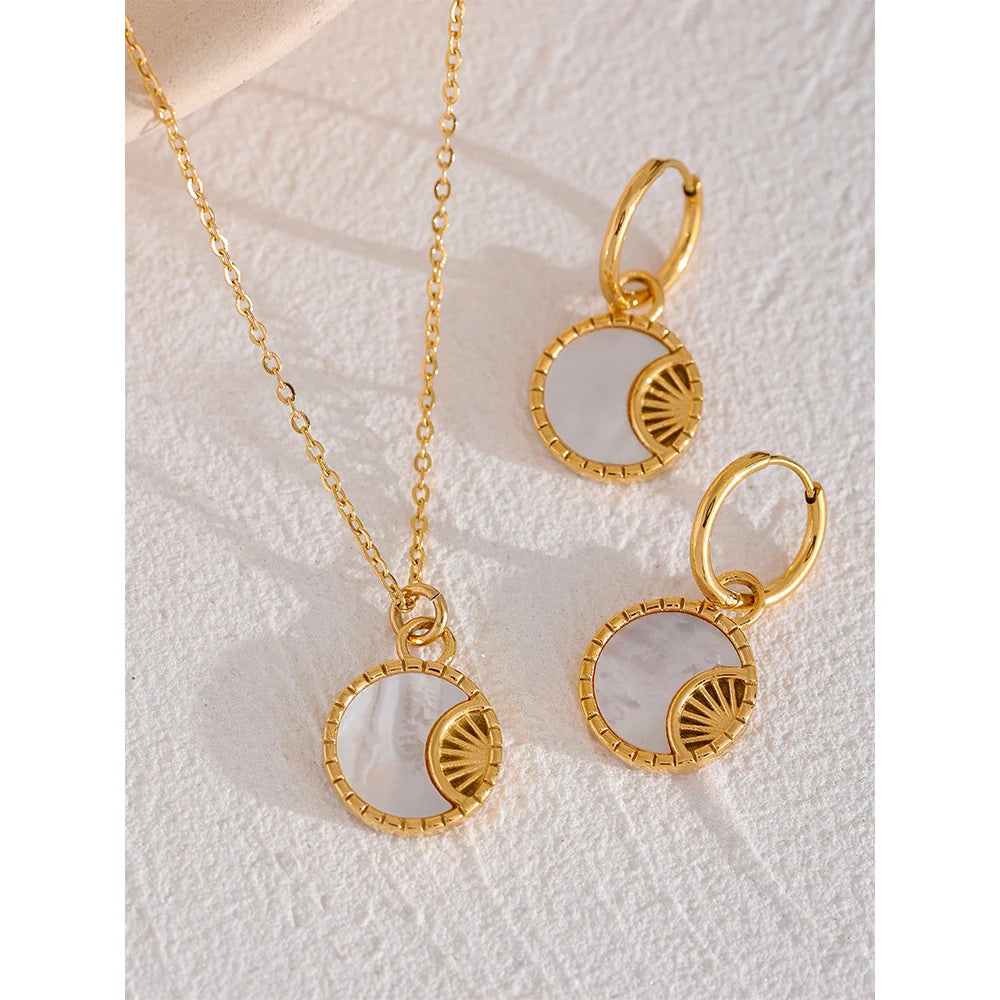 Yhpup Charm Natural Shell Star Moon Round Pendant Drop Stainless Steel Necklace Earrings Jewelry Set for Women  Accessories