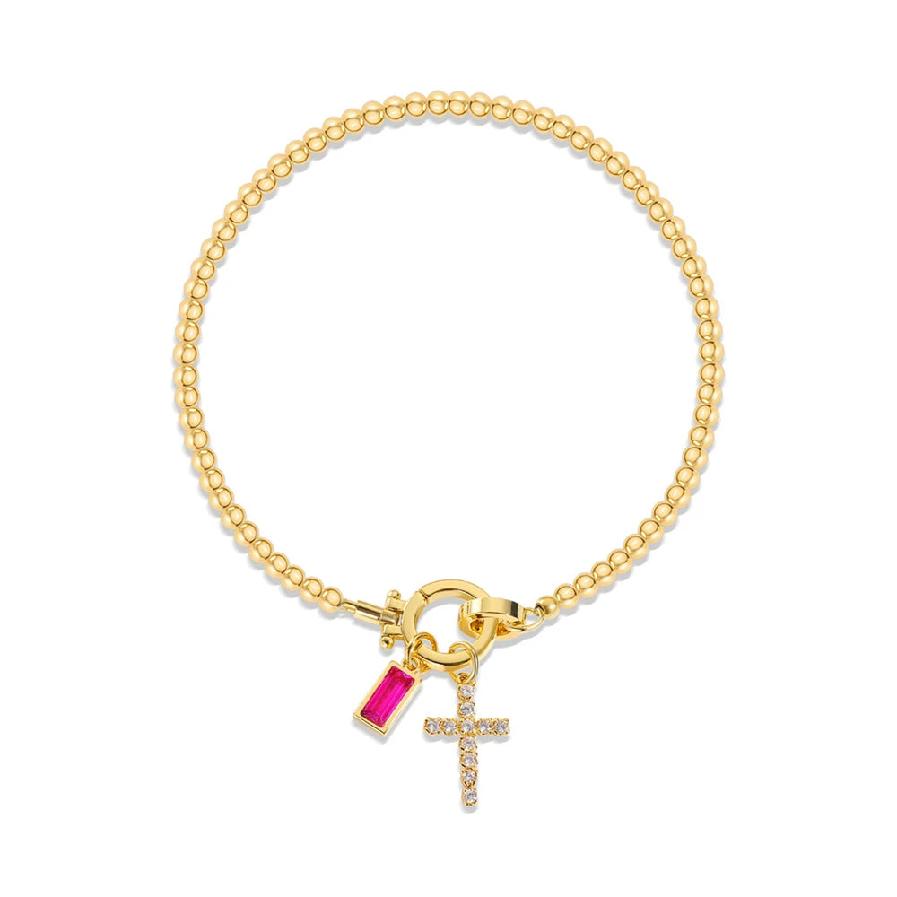 Vintage Christian Jewelry Cross Birthstone Charm Bracelet 18K Gold Plated Beaded Chain Stretch Bracelets for Women Mother Gift