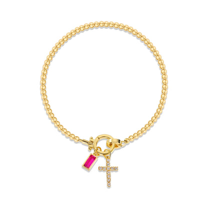Vintage Christian Jewelry Cross Birthstone Charm Bracelet 18K Gold Plated Beaded Chain Stretch Bracelets for Women Mother Gift