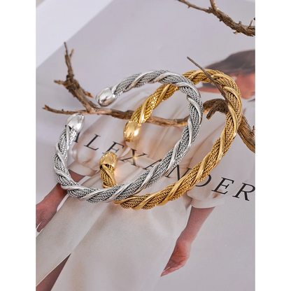 Yhpup Waterproof Stainless Steel Twisted Round Cuff Open Bracelet Bangle for Women Texture Metal Statement Jewelry Gift