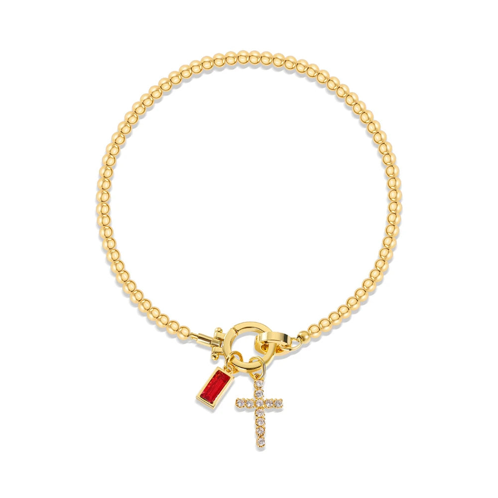 Vintage Christian Jewelry Cross Birthstone Charm Bracelet 18K Gold Plated Beaded Chain Stretch Bracelets for Women Mother Gift