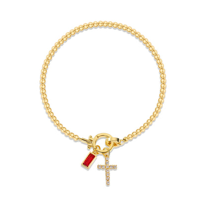 Vintage Christian Jewelry Cross Birthstone Charm Bracelet 18K Gold Plated Beaded Chain Stretch Bracelets for Women Mother Gift