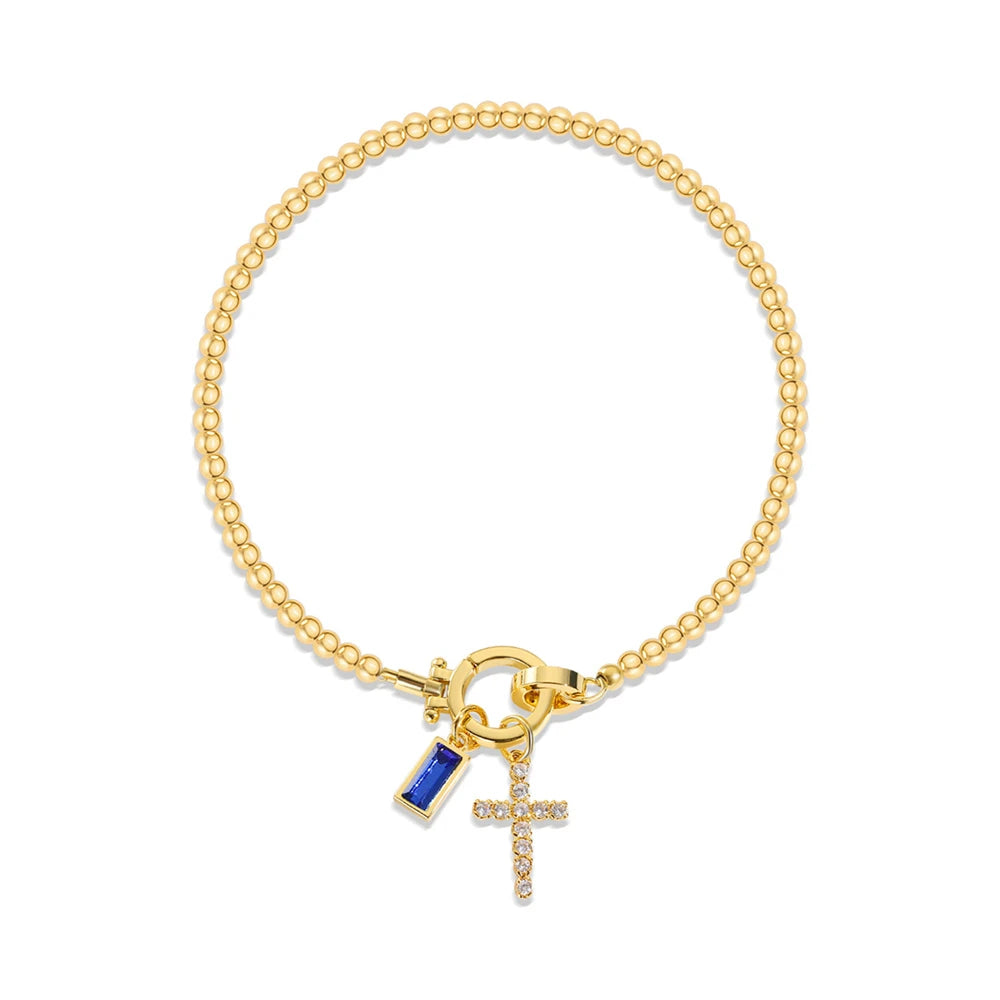 Vintage Christian Jewelry Cross Birthstone Charm Bracelet 18K Gold Plated Beaded Chain Stretch Bracelets for Women Mother Gift