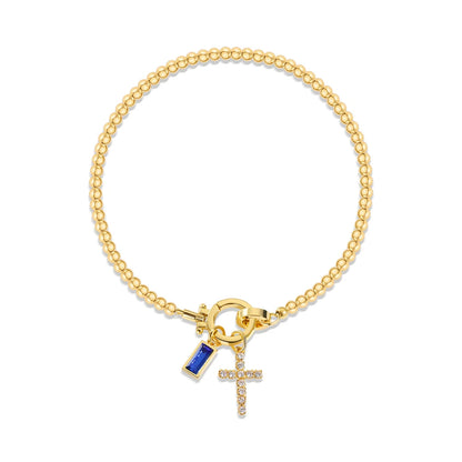 Vintage Christian Jewelry Cross Birthstone Charm Bracelet 18K Gold Plated Beaded Chain Stretch Bracelets for Women Mother Gift