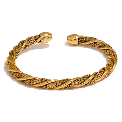 Yhpup Waterproof Stainless Steel Twisted Round Cuff Open Bracelet Bangle for Women Texture Metal Statement Jewelry Gift