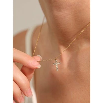 Yhpup Delicate Shiny Cubic Zirconia 316L Cross Pendant Necklace for Women Stainless Steel High Quality Jewelry Water Resistant