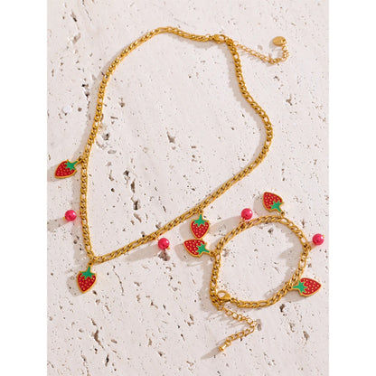 Yhpup Sweet Cute Trendy Beads Fruit Strawberry Drop Necklace Bracelet for Women Golden PVD Plated Chain Stainless Steel Jewelry