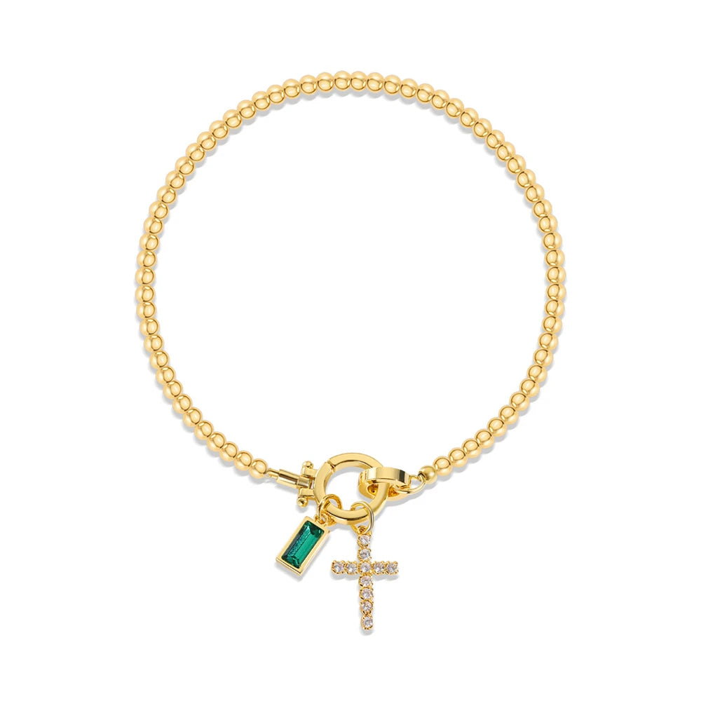 Vintage Christian Jewelry Cross Birthstone Charm Bracelet 18K Gold Plated Beaded Chain Stretch Bracelets for Women Mother Gift