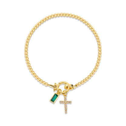 Vintage Christian Jewelry Cross Birthstone Charm Bracelet 18K Gold Plated Beaded Chain Stretch Bracelets for Women Mother Gift
