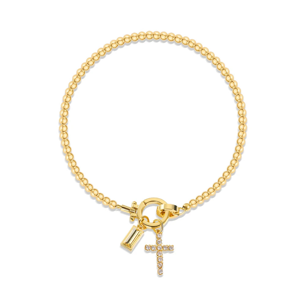 Vintage Christian Jewelry Cross Birthstone Charm Bracelet 18K Gold Plated Beaded Chain Stretch Bracelets for Women Mother Gift