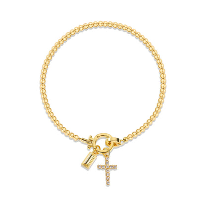 Vintage Christian Jewelry Cross Birthstone Charm Bracelet 18K Gold Plated Beaded Chain Stretch Bracelets for Women Mother Gift