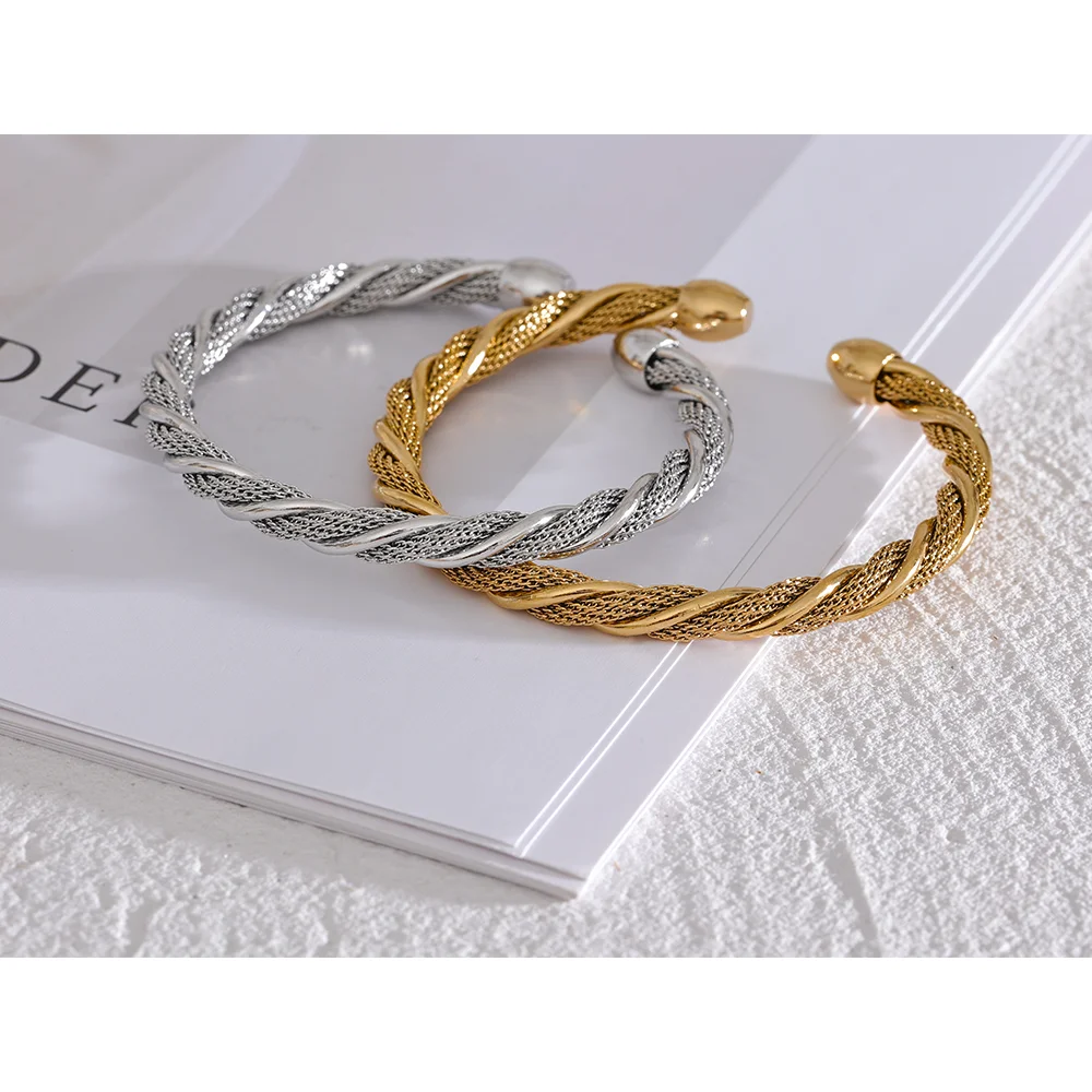 Yhpup Waterproof Stainless Steel Twisted Round Cuff Open Bracelet Bangle for Women Texture Metal Statement Jewelry Gift