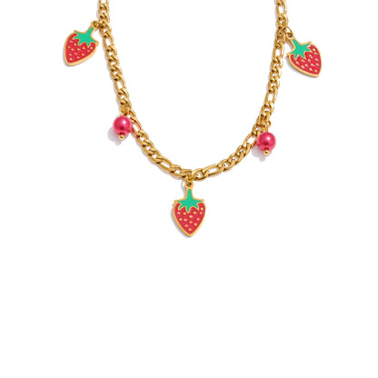 Yhpup Sweet Cute Trendy Beads Fruit Strawberry Drop Necklace Bracelet for Women Golden PVD Plated Chain Stainless Steel Jewelry