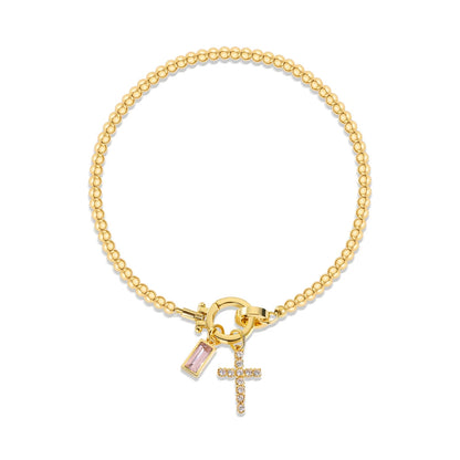 Vintage Christian Jewelry Cross Birthstone Charm Bracelet 18K Gold Plated Beaded Chain Stretch Bracelets for Women Mother Gift