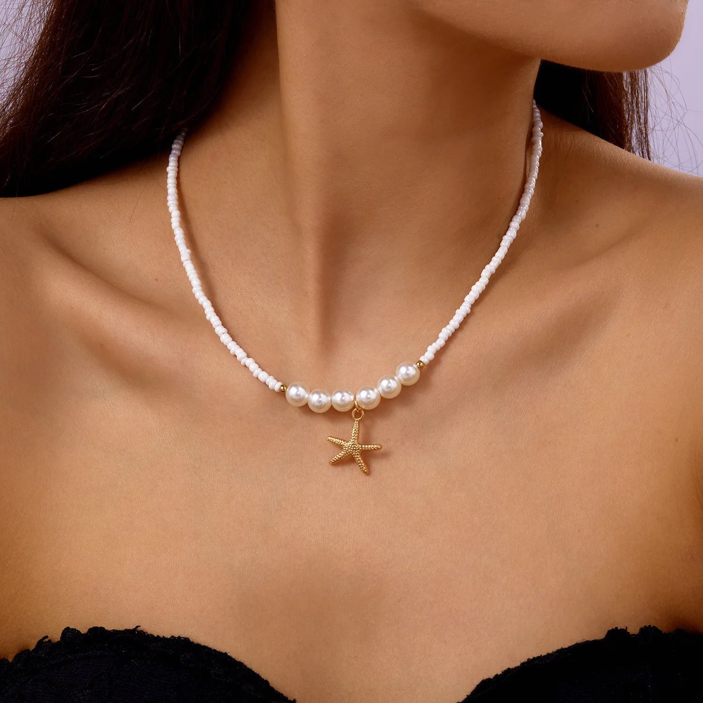 Bohemian Rice Beads Starfish Pendant Necklace for Women Handmade Imitation Pearl Colorful Beaded Choker Summer Beach Jewelry