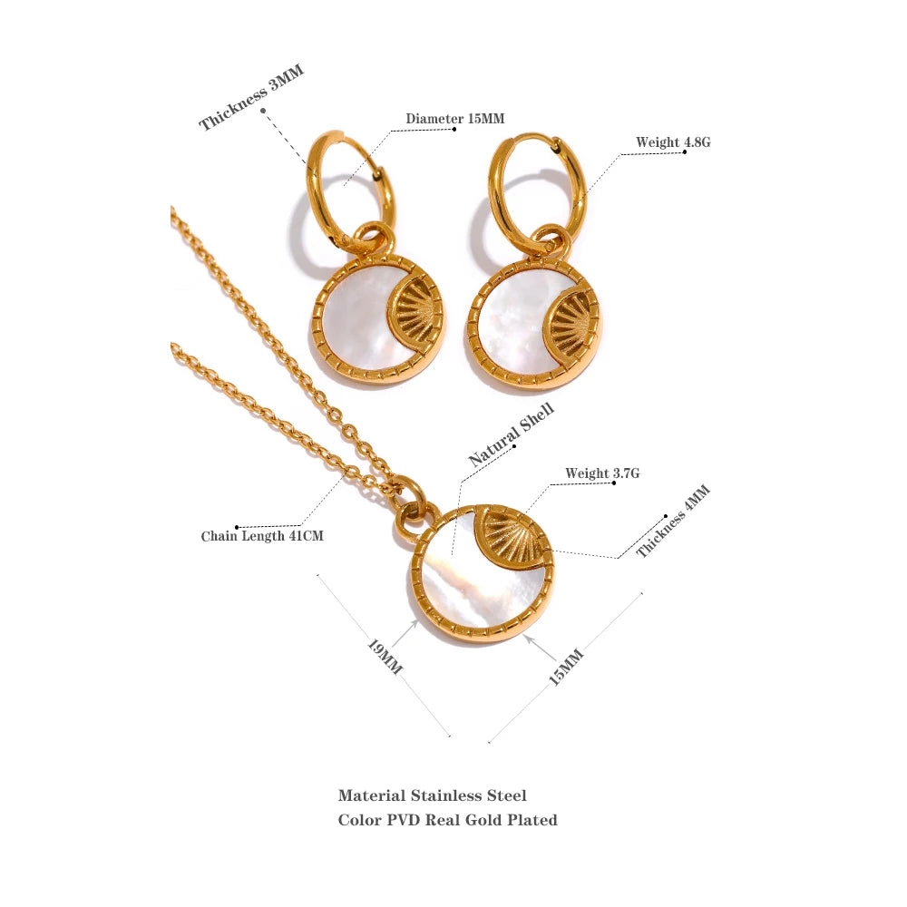 Yhpup Charm Natural Shell Star Moon Round Pendant Drop Stainless Steel Necklace Earrings Jewelry Set for Women  Accessories