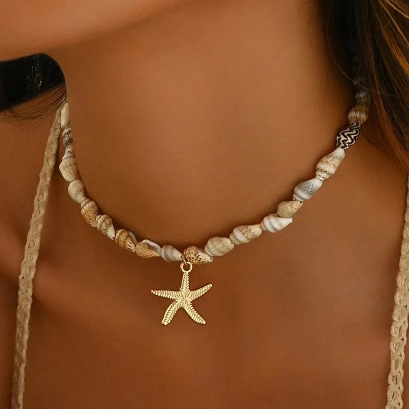 Bohemian Rice Beads Starfish Pendant Necklace for Women Handmade Imitation Pearl Colorful Beaded Choker Summer Beach Jewelry