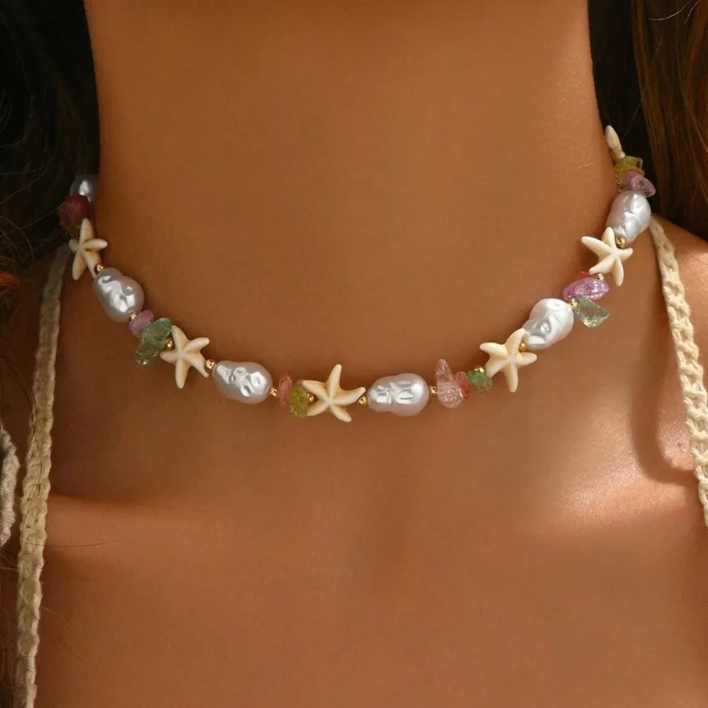 Bohemian Rice Beads Starfish Pendant Necklace for Women Handmade Imitation Pearl Colorful Beaded Choker Summer Beach Jewelry