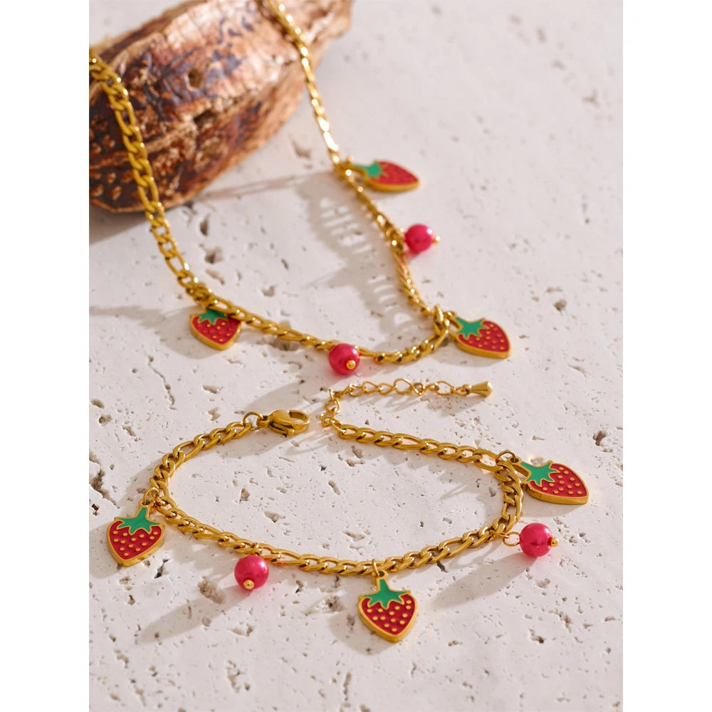 Yhpup Sweet Cute Trendy Beads Fruit Strawberry Drop Necklace Bracelet for Women Golden PVD Plated Chain Stainless Steel Jewelry