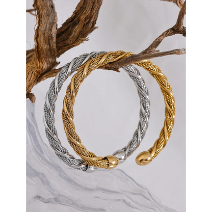 Yhpup Waterproof Stainless Steel Twisted Round Cuff Open Bracelet Bangle for Women Texture Metal Statement Jewelry Gift