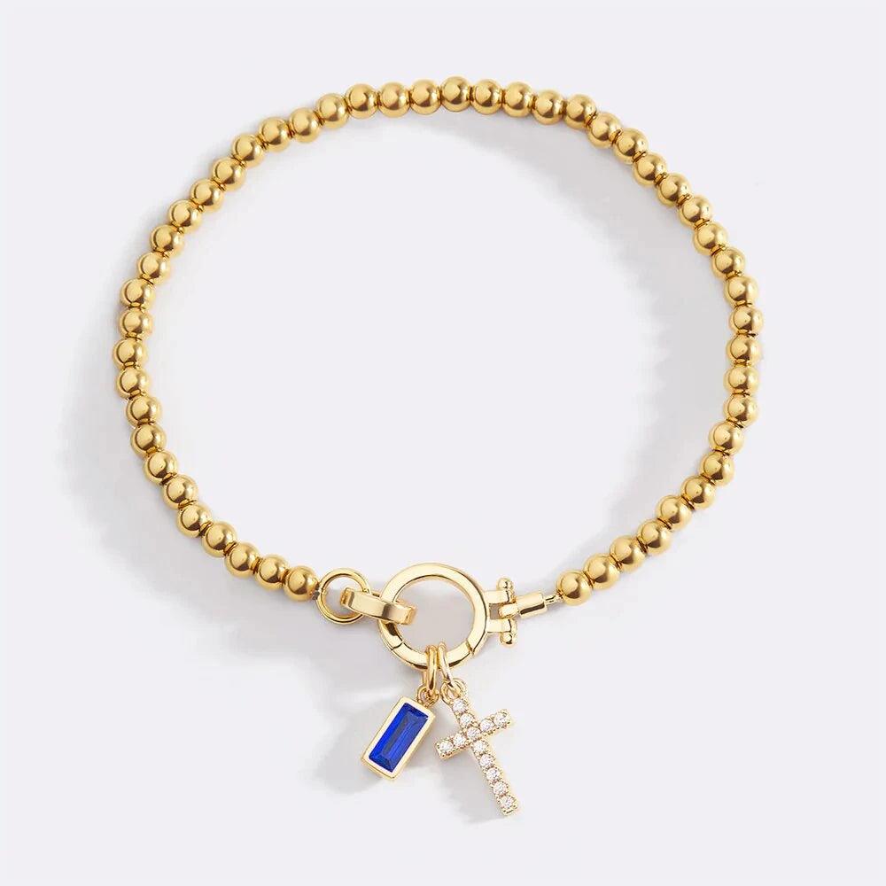 Vintage Christian Jewelry Cross Birthstone Charm Bracelet 18K Gold Plated Beaded Chain Stretch Bracelets for Women Mother Gift