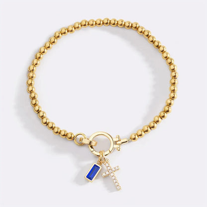 Vintage Christian Jewelry Cross Birthstone Charm Bracelet 18K Gold Plated Beaded Chain Stretch Bracelets for Women Mother Gift