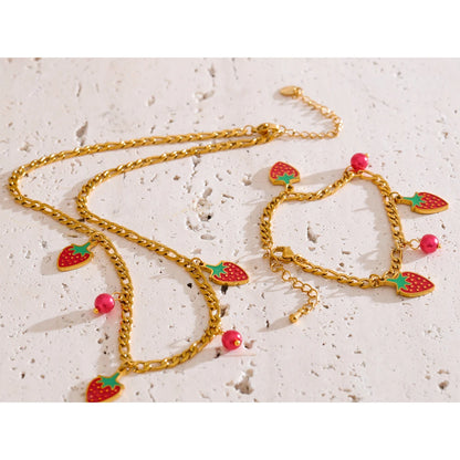 Yhpup Sweet Cute Trendy Beads Fruit Strawberry Drop Necklace Bracelet for Women Golden PVD Plated Chain Stainless Steel Jewelry
