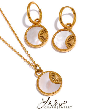 Yhpup Charm Natural Shell Star Moon Round Pendant Drop Stainless Steel Necklace Earrings Jewelry Set for Women  Accessories
