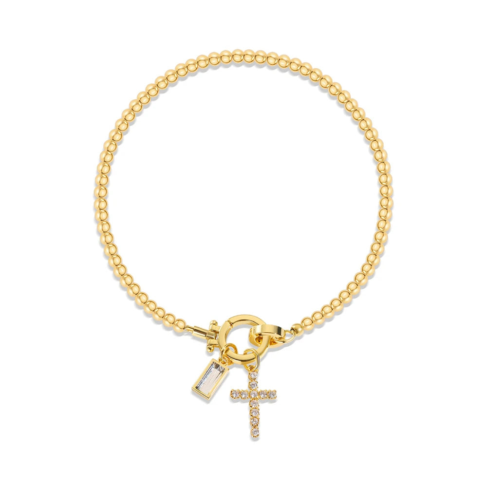 Vintage Christian Jewelry Cross Birthstone Charm Bracelet 18K Gold Plated Beaded Chain Stretch Bracelets for Women Mother Gift