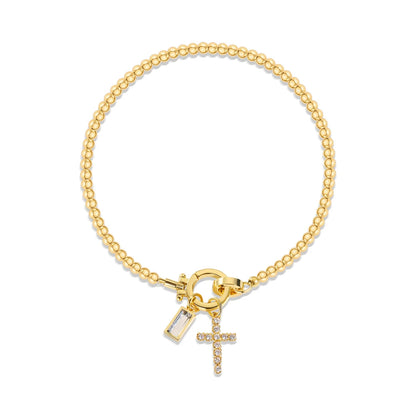 Vintage Christian Jewelry Cross Birthstone Charm Bracelet 18K Gold Plated Beaded Chain Stretch Bracelets for Women Mother Gift