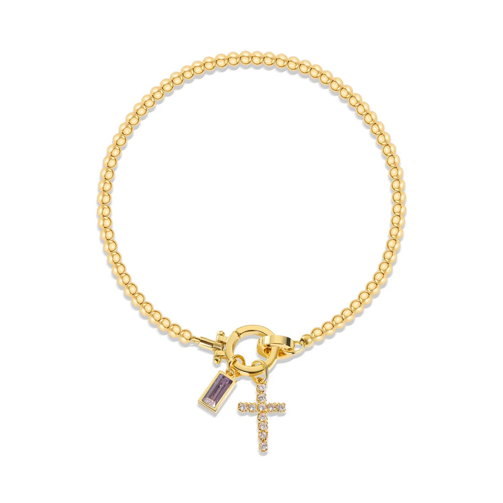 Vintage Christian Jewelry Cross Birthstone Charm Bracelet 18K Gold Plated Beaded Chain Stretch Bracelets for Women Mother Gift