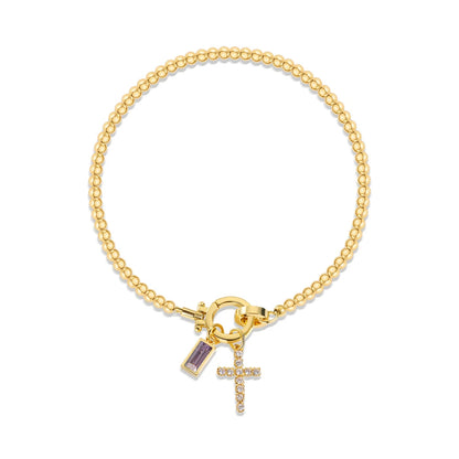 Vintage Christian Jewelry Cross Birthstone Charm Bracelet 18K Gold Plated Beaded Chain Stretch Bracelets for Women Mother Gift