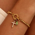 Vintage Christian Jewelry Cross Birthstone Charm Bracelet 18K Gold Plated Beaded Chain Stretch Bracelets for Women Mother Gift