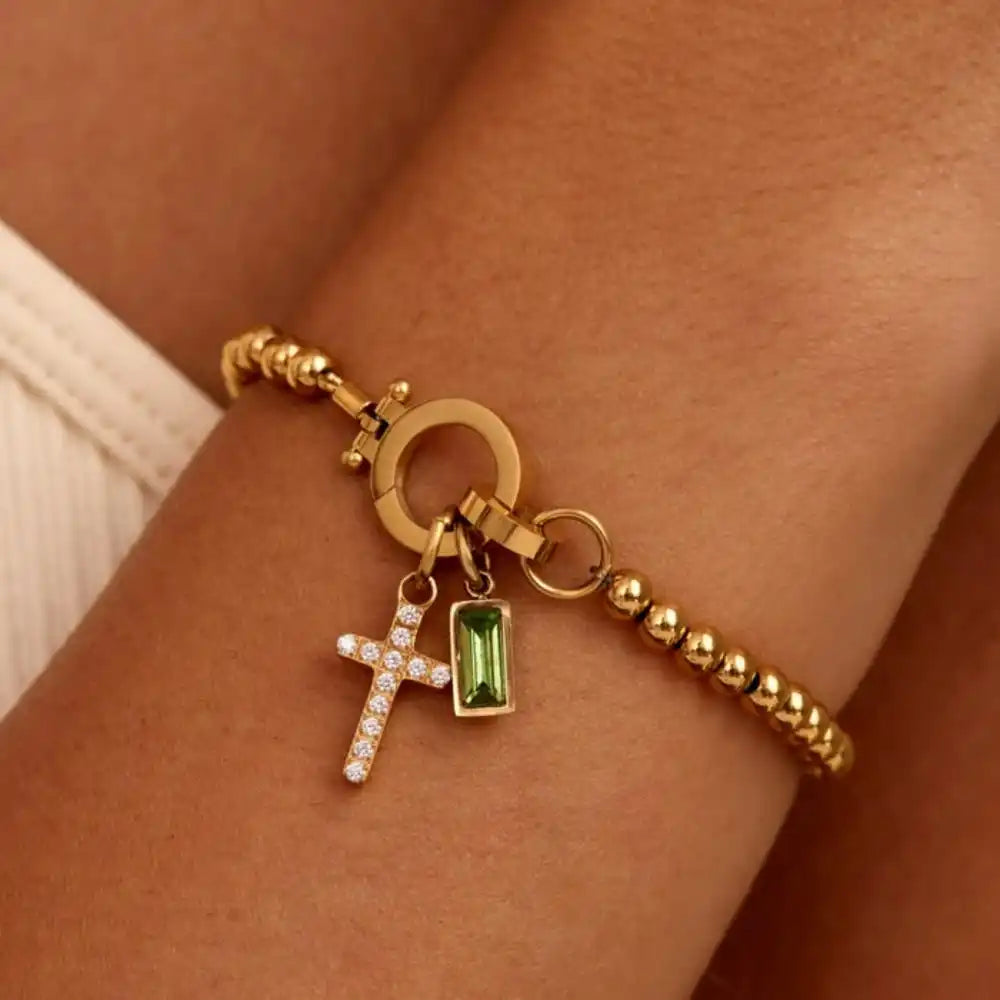 Vintage Christian Jewelry Cross Birthstone Charm Bracelet 18K Gold Plated Beaded Chain Stretch Bracelets for Women Mother Gift