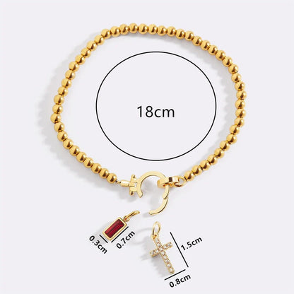 Vintage Christian Jewelry Cross Birthstone Charm Bracelet 18K Gold Plated Beaded Chain Stretch Bracelets for Women Mother Gift