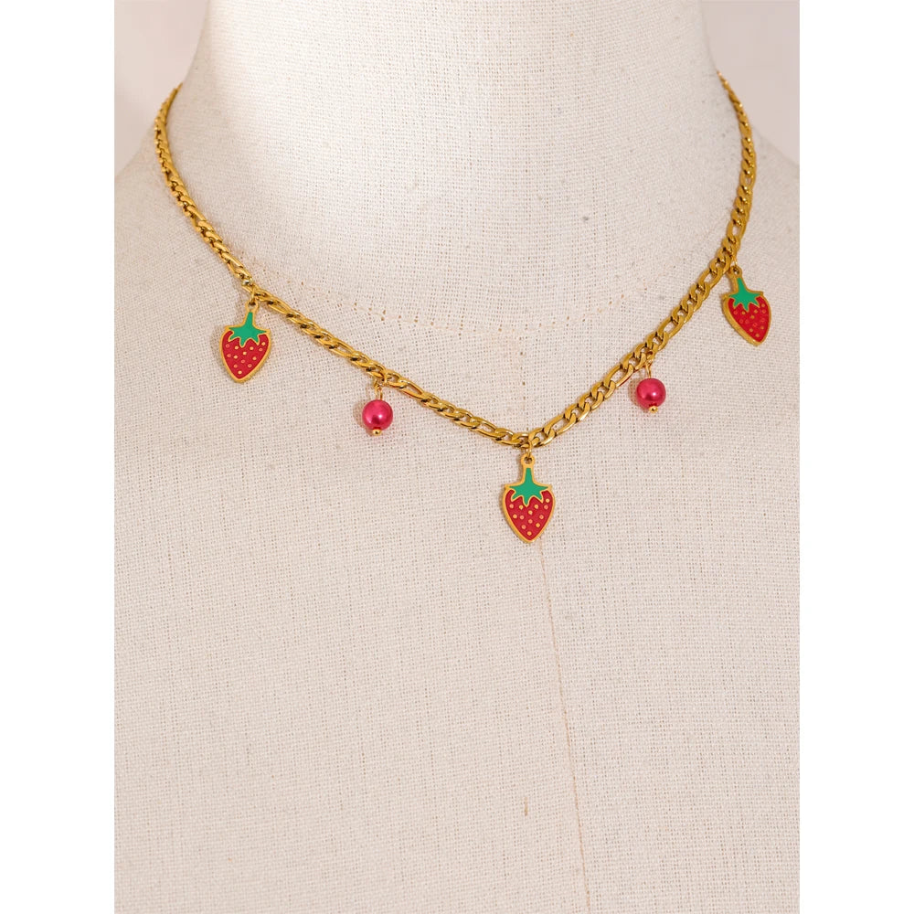 Yhpup Sweet Cute Trendy Beads Fruit Strawberry Drop Necklace Bracelet for Women Golden PVD Plated Chain Stainless Steel Jewelry