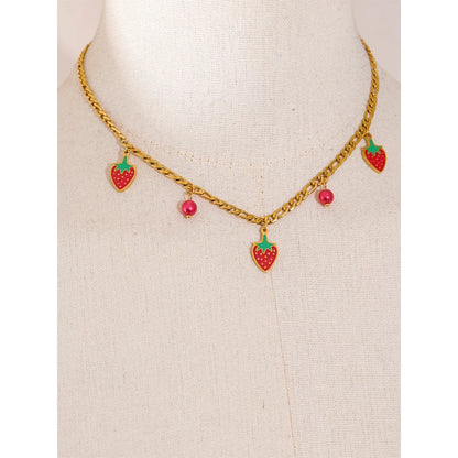 Yhpup Sweet Cute Trendy Beads Fruit Strawberry Drop Necklace Bracelet for Women Golden PVD Plated Chain Stainless Steel Jewelry