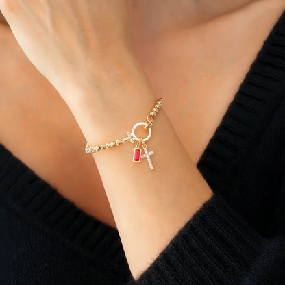 Vintage Christian Jewelry Cross Birthstone Charm Bracelet 18K Gold Plated Beaded Chain Stretch Bracelets for Women Mother Gift