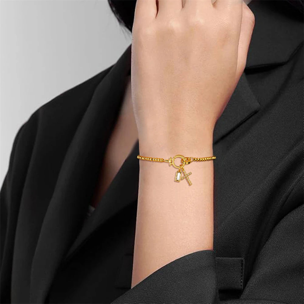 Vintage Christian Jewelry Cross Birthstone Charm Bracelet 18K Gold Plated Beaded Chain Stretch Bracelets for Women Mother Gift