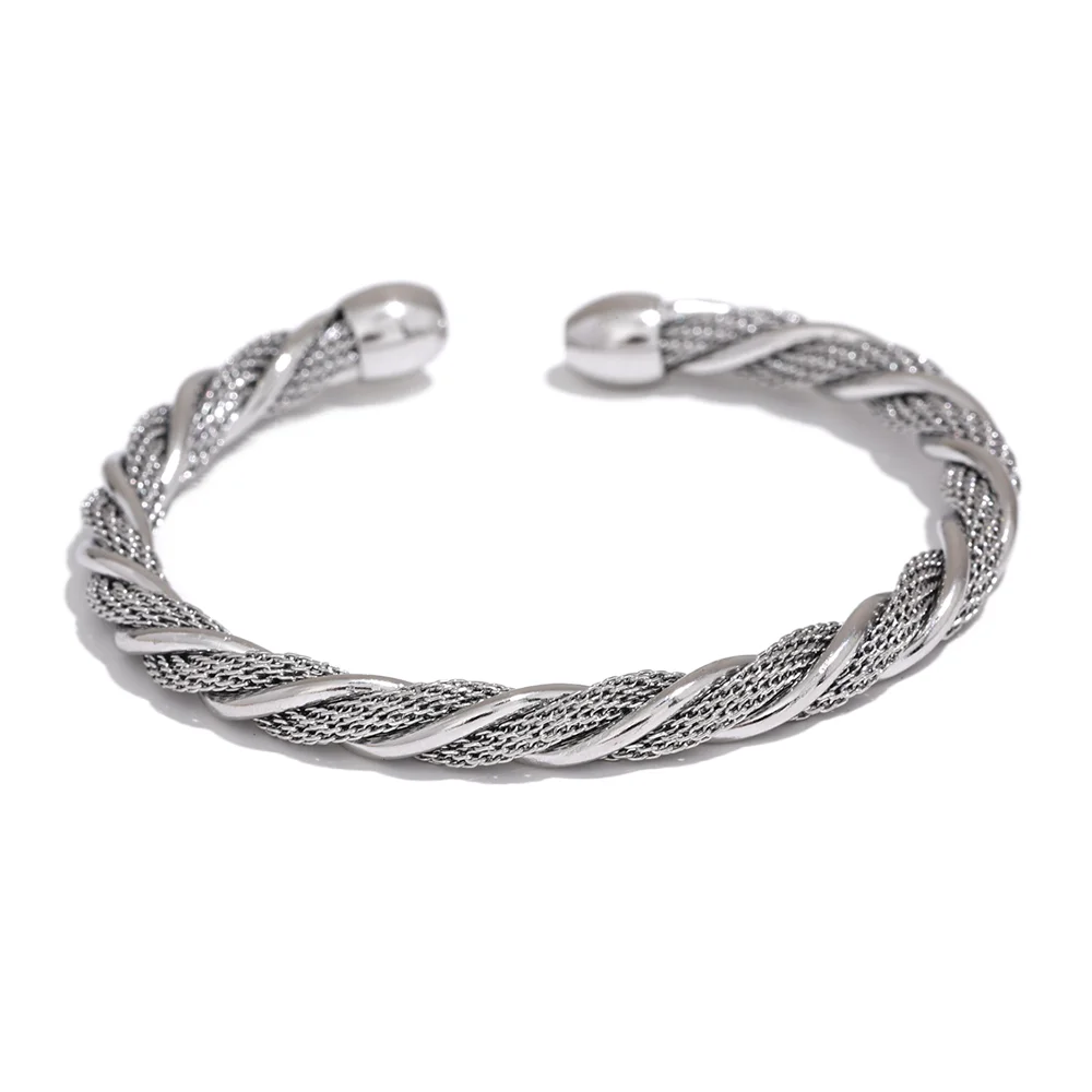 Yhpup Waterproof Stainless Steel Twisted Round Cuff Open Bracelet Bangle for Women Texture Metal Statement Jewelry Gift