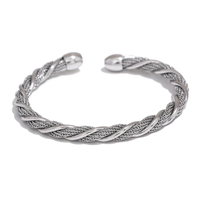 Yhpup Waterproof Stainless Steel Twisted Round Cuff Open Bracelet Bangle for Women Texture Metal Statement Jewelry Gift