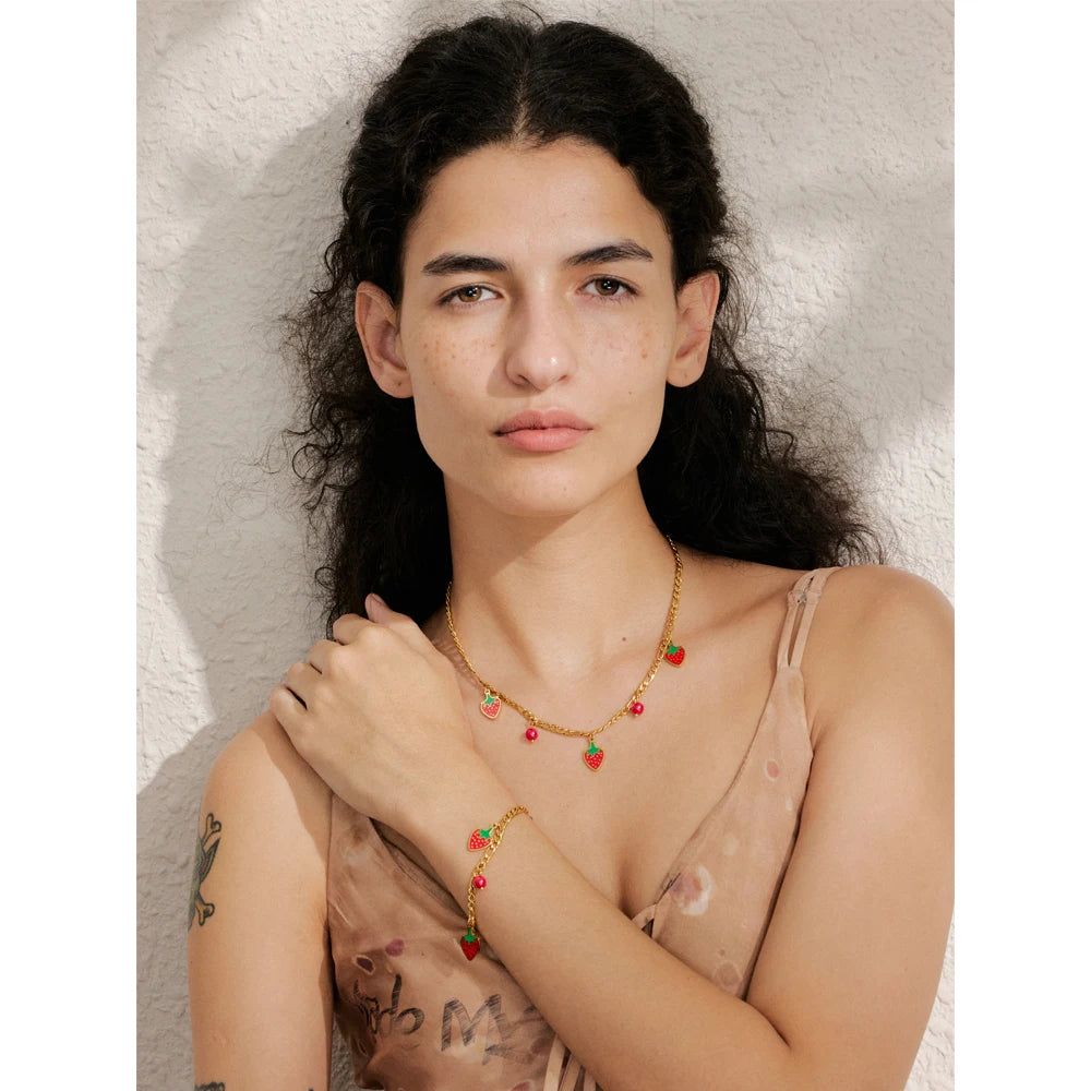 Yhpup Sweet Cute Trendy Beads Fruit Strawberry Drop Necklace Bracelet for Women Golden PVD Plated Chain Stainless Steel Jewelry