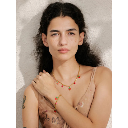 Yhpup Sweet Cute Trendy Beads Fruit Strawberry Drop Necklace Bracelet for Women Golden PVD Plated Chain Stainless Steel Jewelry