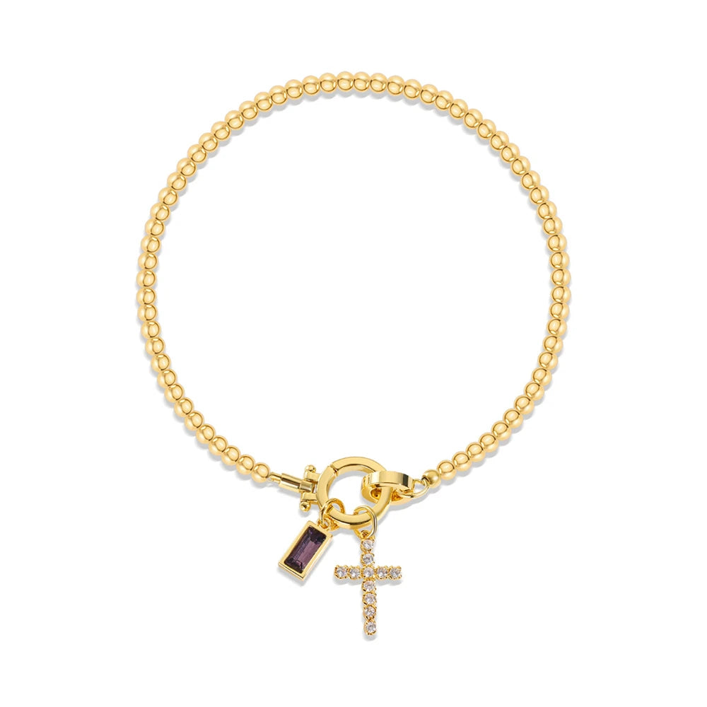 Vintage Christian Jewelry Cross Birthstone Charm Bracelet 18K Gold Plated Beaded Chain Stretch Bracelets for Women Mother Gift